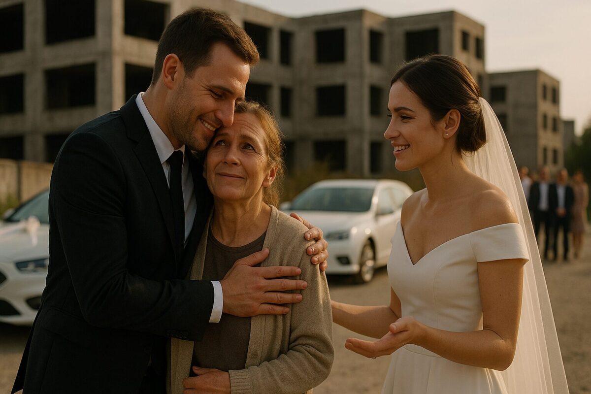 Жених обнимает пожилую женщину на свадьбе среди заброшенных зданий, рядом невеста, вторая мать