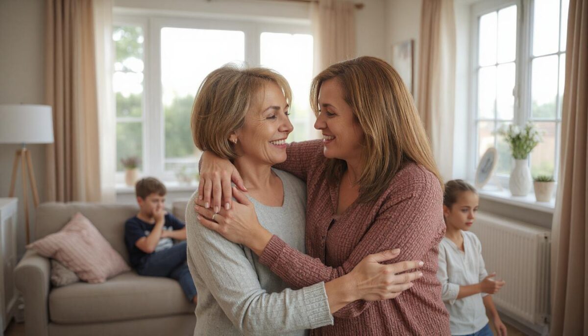 Две сестры обнимаются в уютной гостиной, символизируя долгожданное примирение