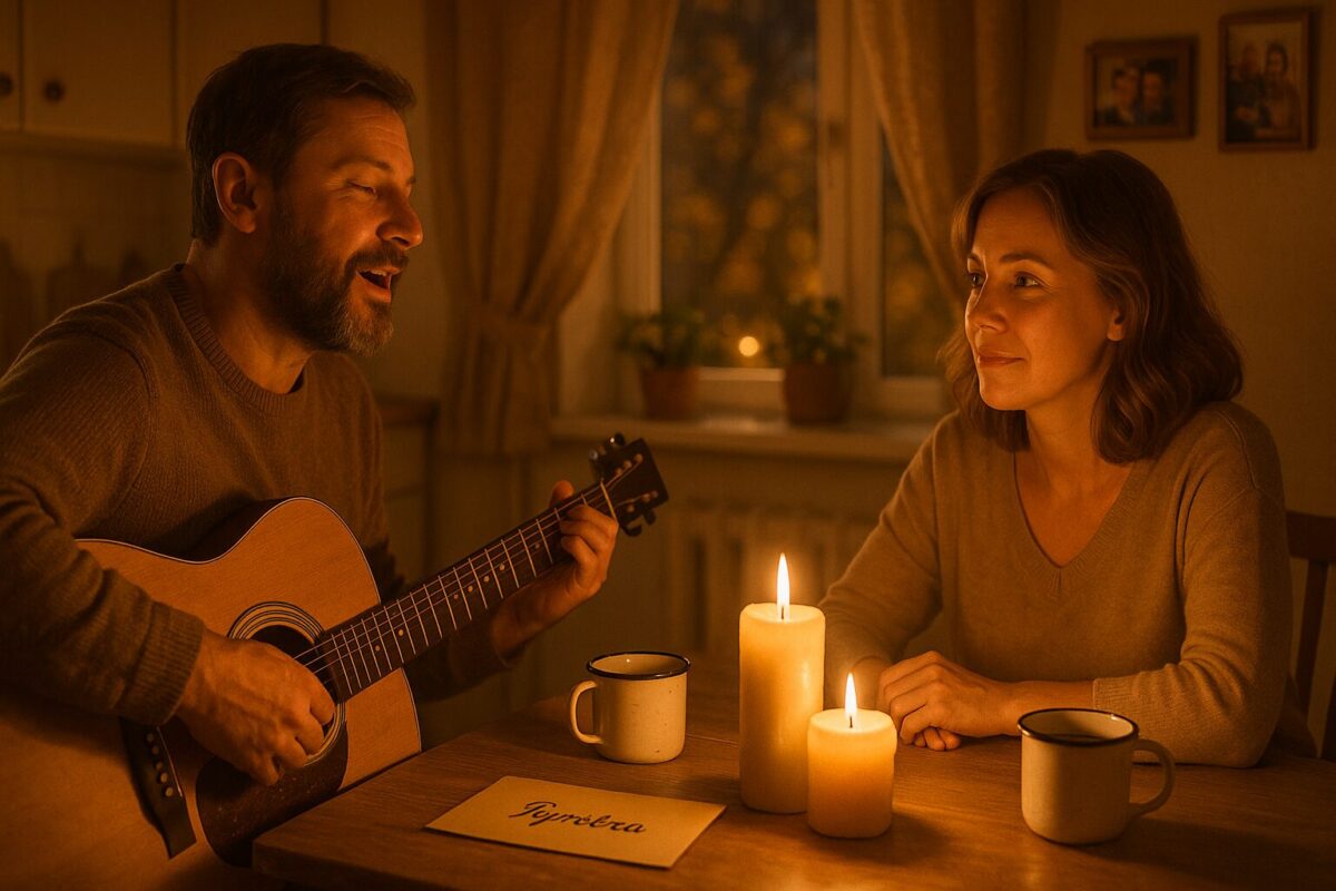 Эмоциональный момент примирения: муж поёт для жены, освещённые свечами