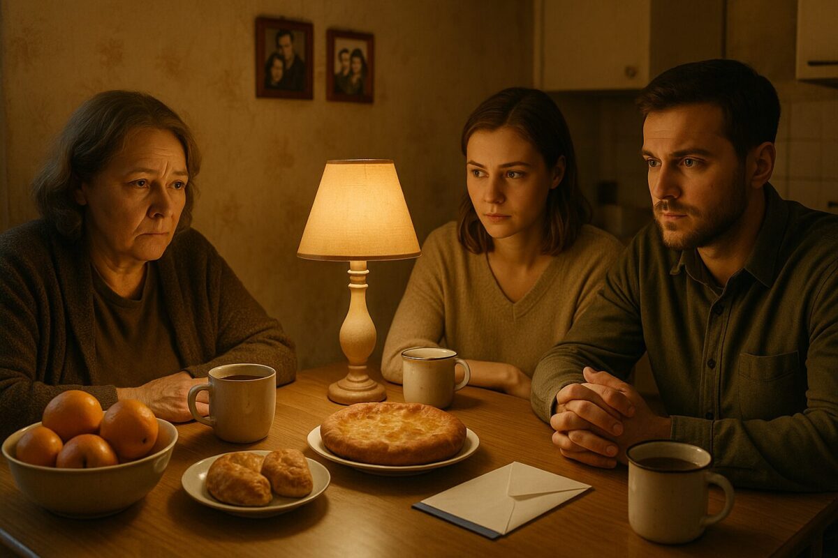 Тётя и её племянница с мужем сидят за кухонным столом в тёплой домашней обстановке