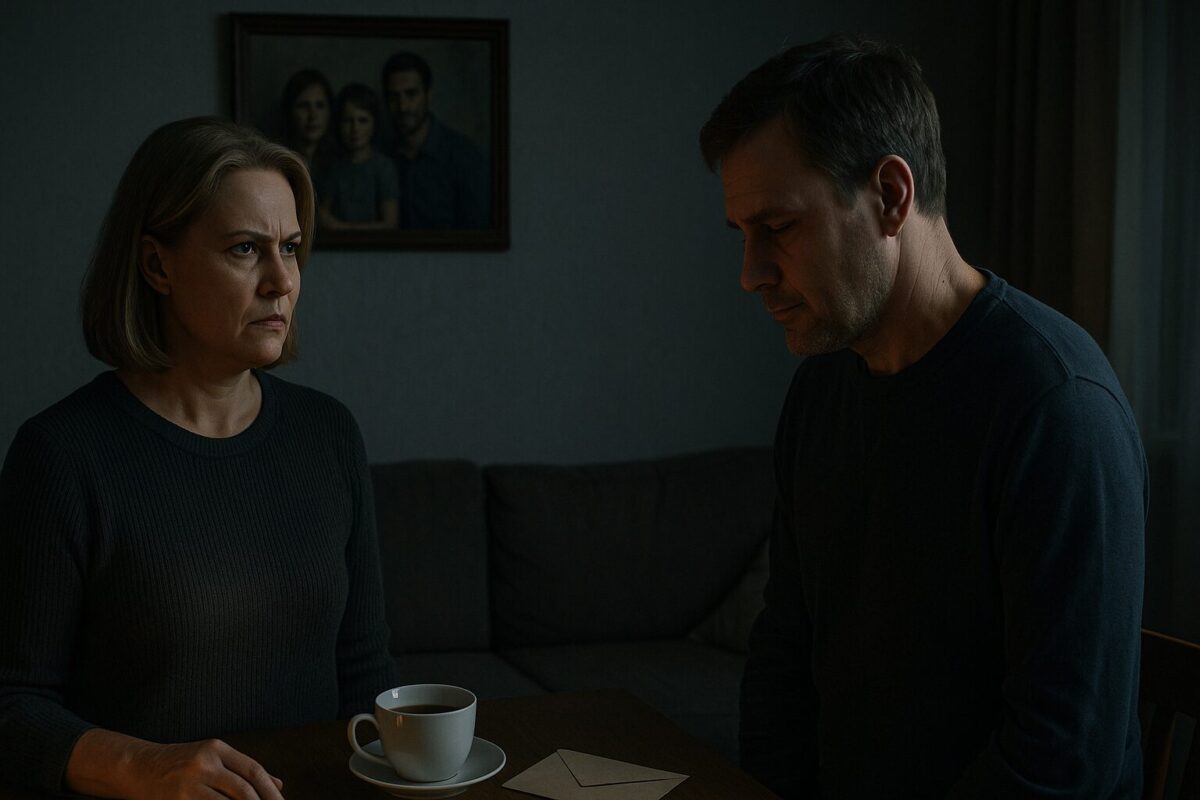 Жена с осуждением смотрит на мужа, который опустил голову в знак вины