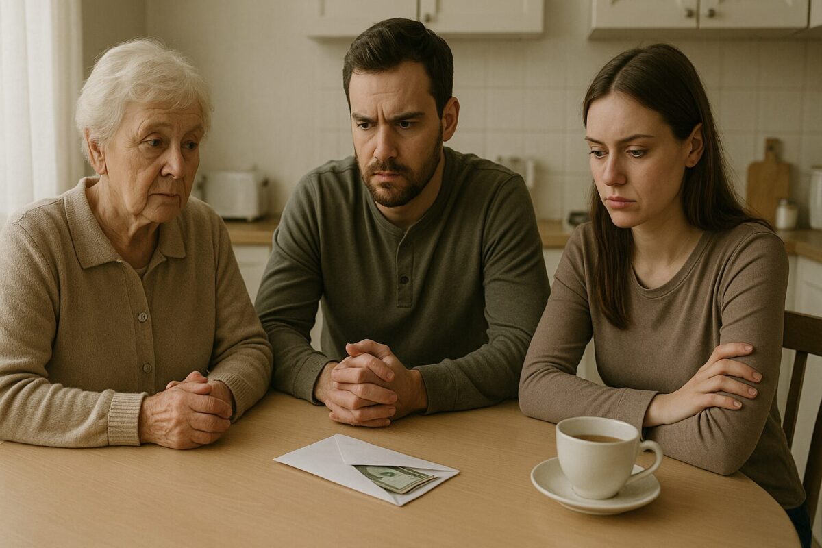 Пожилая женщина и молодая пара за кухонным столом в момент важного разговора