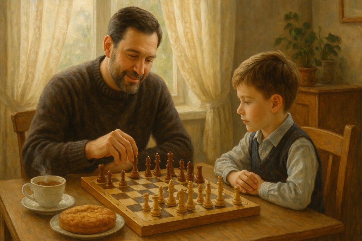 Счастливый момент: отец и сын играют в шахматы за столом в уютной домашней обстановке