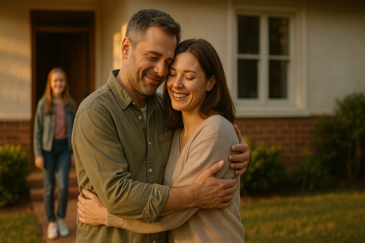 Счастливая семья: муж, жена и дочь обнимаются у дома