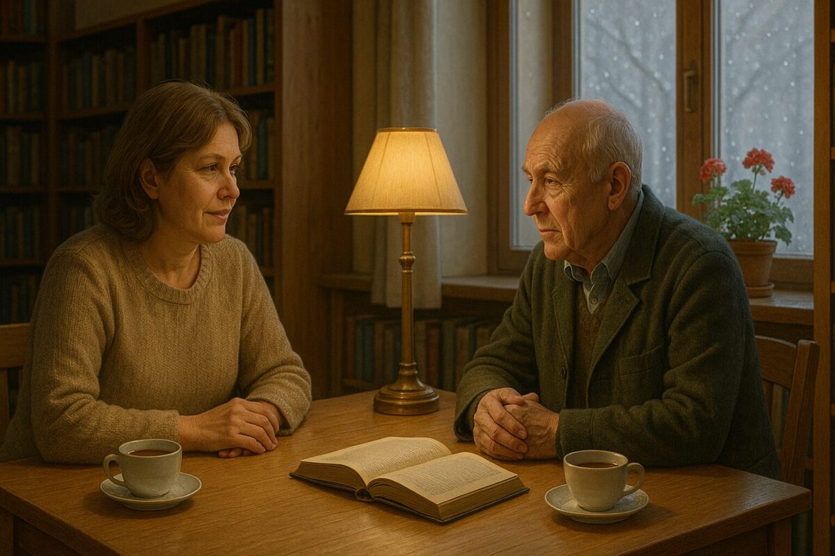 Двое людей сидят на скамейке в парке, укрытые первым снегом, их руки переплетены