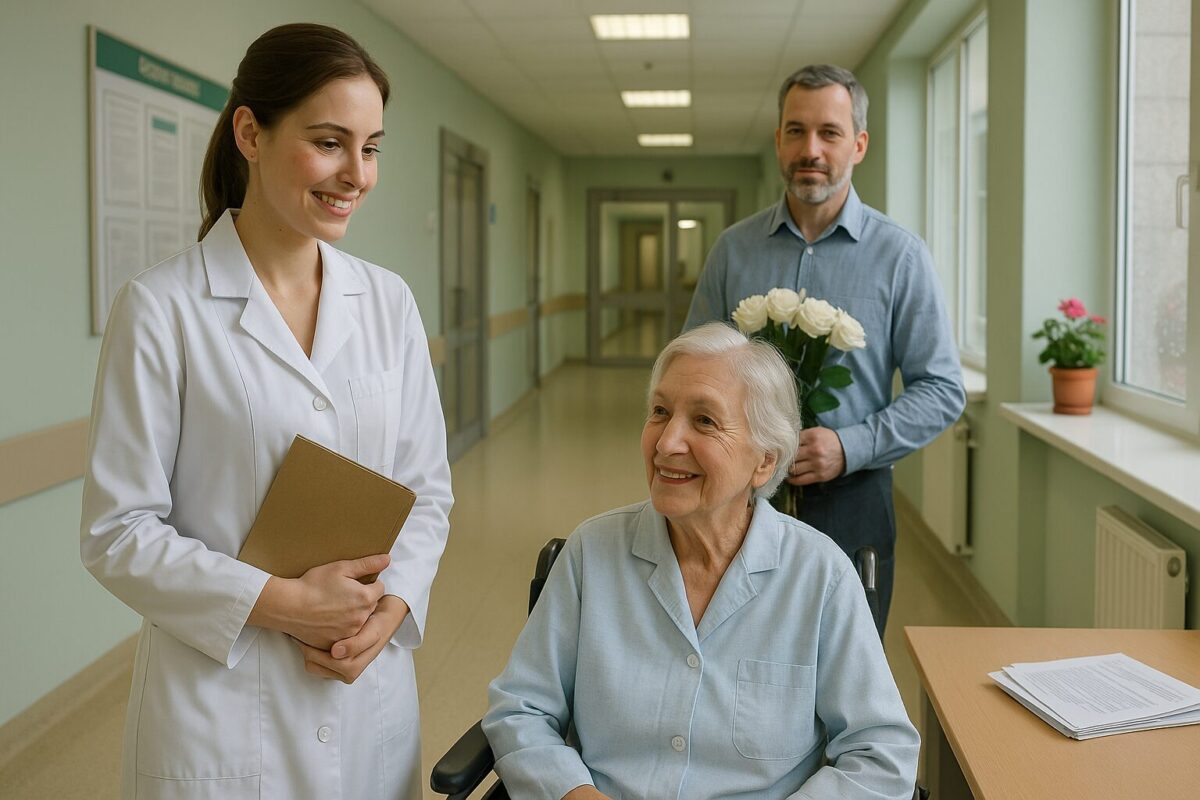 Молодая медсестра с пожилой пациенткой и её сыном в больничном коридоре, белые розы, надежда