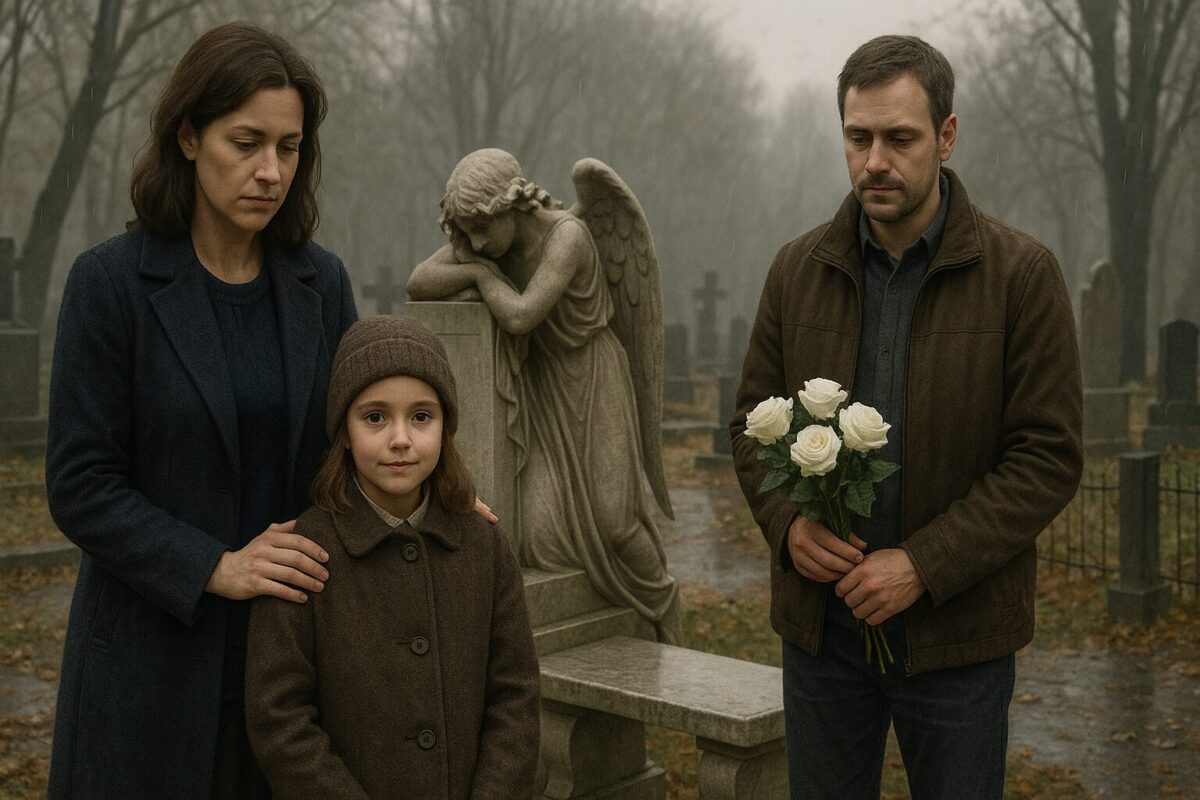 Женщина и девочка на осеннем кладбище у памятника со плачущим ангелом, моросит дождь, опавшие листья