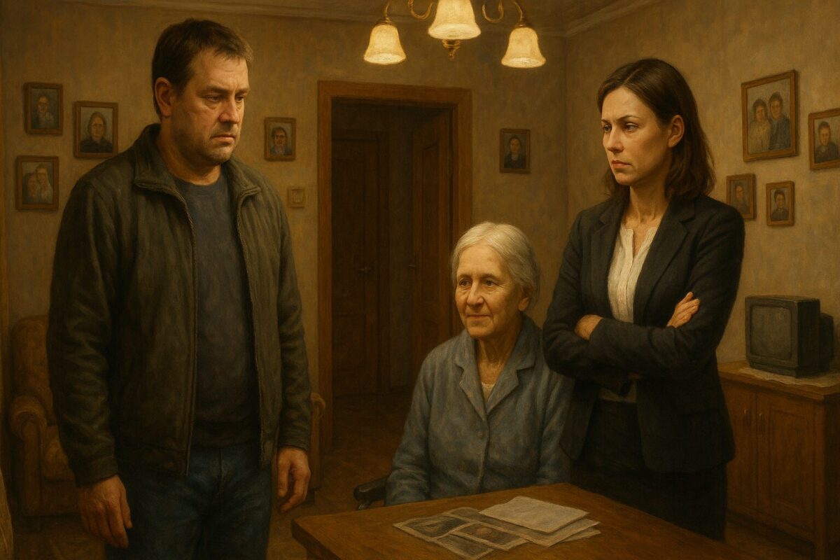 Брат и сестра в квартире матери спорят о наследстве после её смерти. Напряжённая атмосфера семейного конфликта