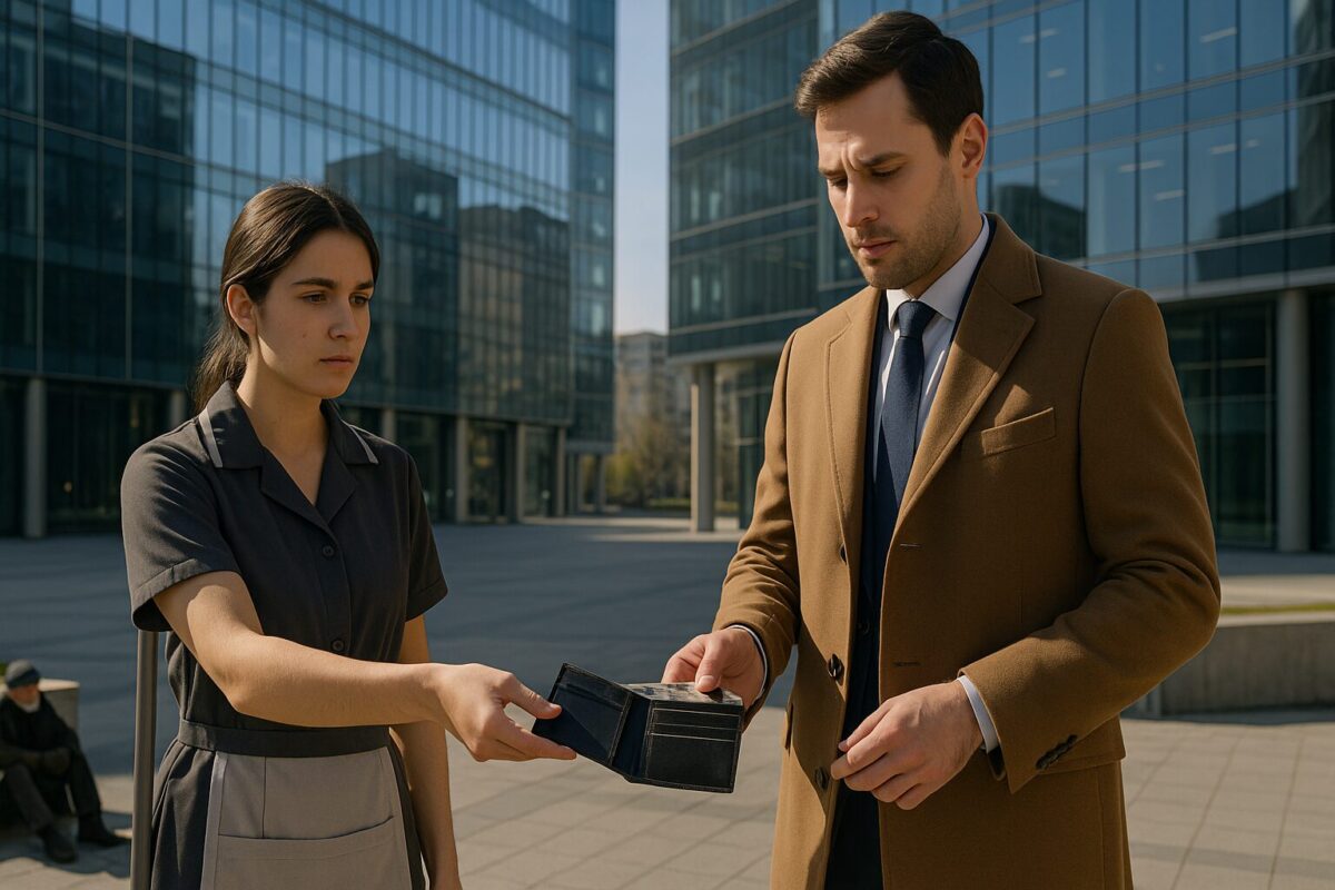 Девушка возвращает бумажник богатому мужчине у входа в бизнес-центр, на заднем плане — бездомный старик