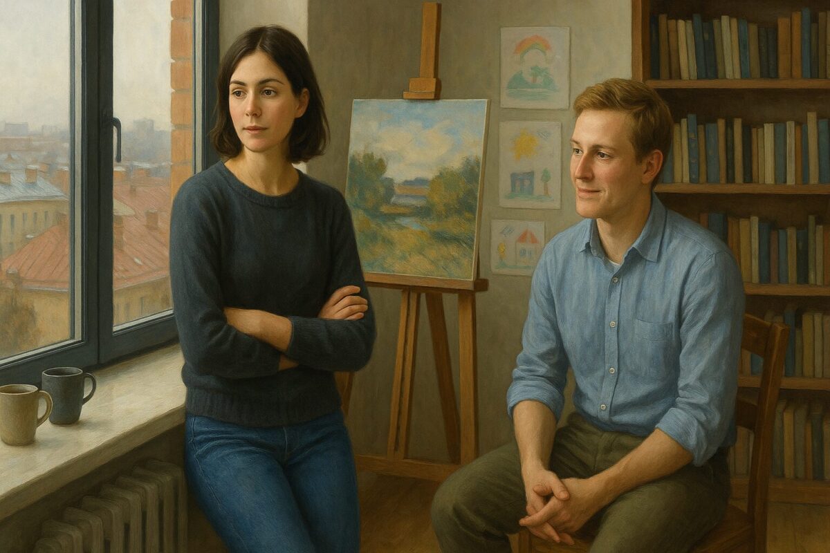 Молодая женщина у окна московской квартиры рядом с мольбертом, мужчина обнимает её сзади, тёплый дневной свет