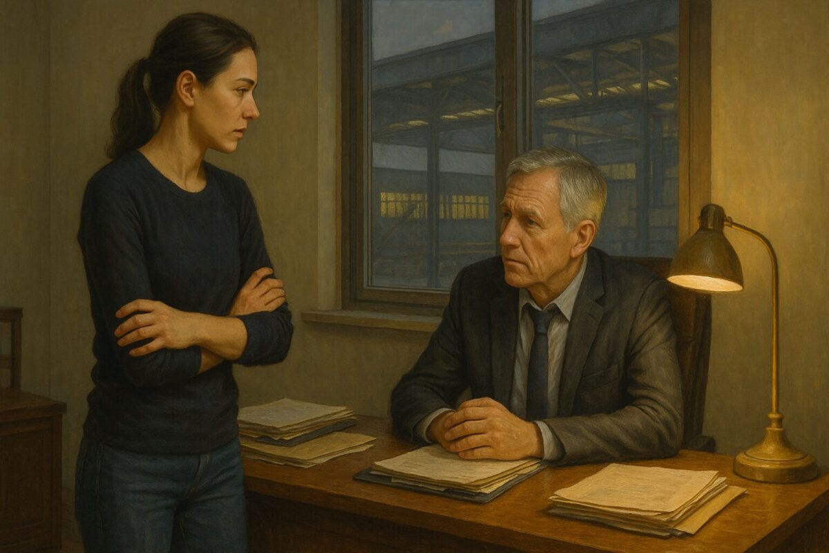 Молодая женщина и пожилой мужчина обсуждают документы в кабинете директора производственной компании