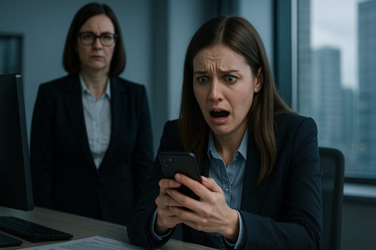 Молодая женщина в офисе с ужасом смотрит на телефон после того, как отправила начальнице неправильное СМС