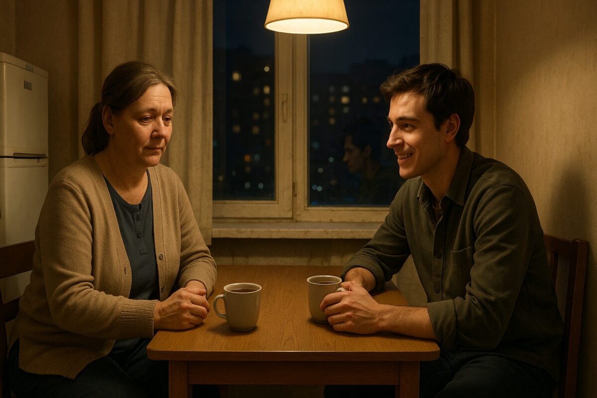 Женщина средних лет и молодой мужчина сидят за кухонным столом в скромной городской квартире в вечернее время