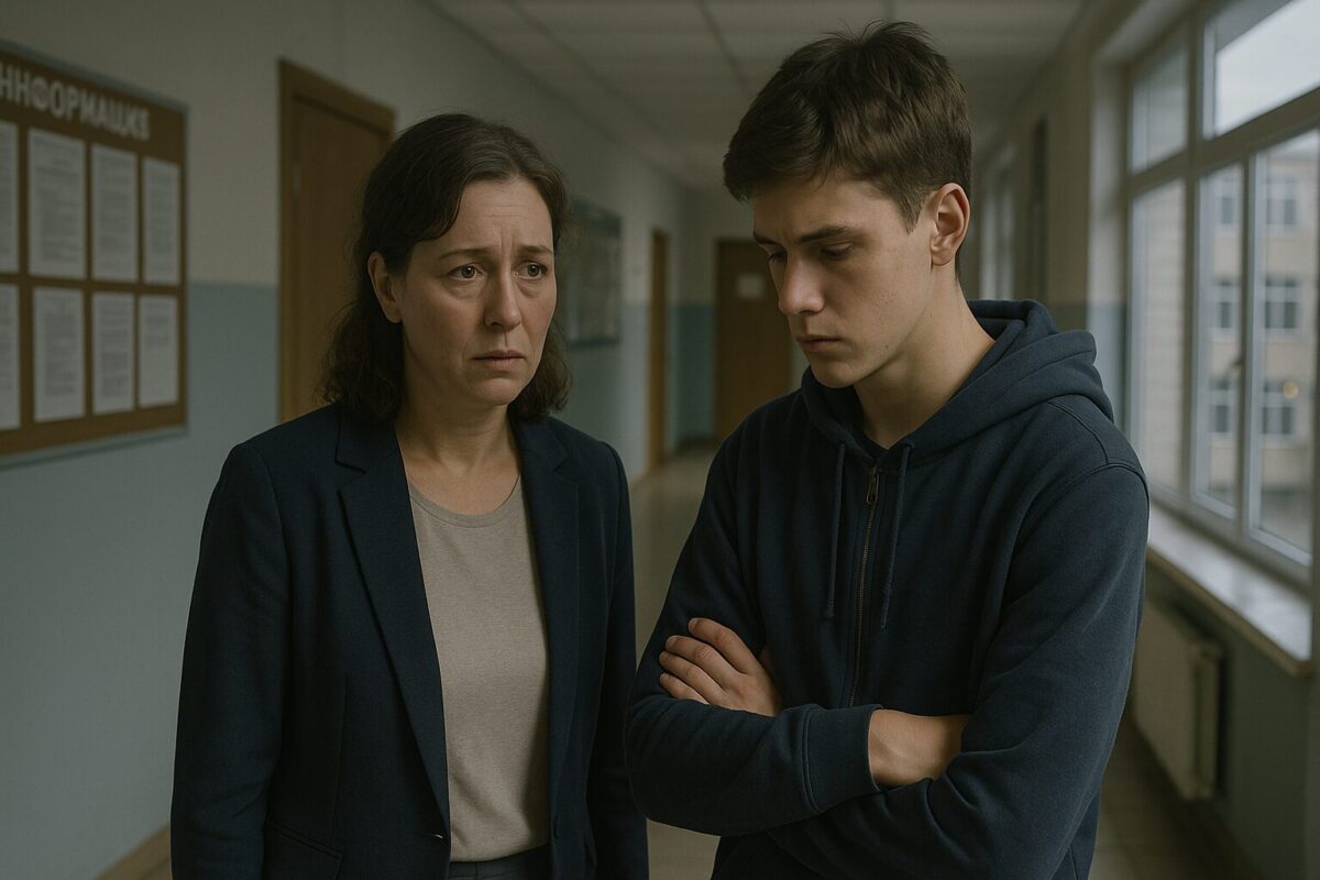 Обеспокоенная мать стоит рядом с сыном-подростком в школьном коридоре после вызова к директору из-за драки