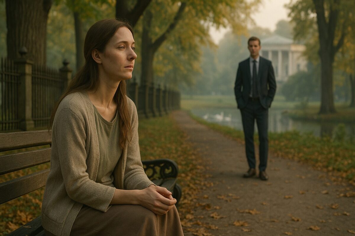 Женщина сидит на скамейке в осеннем усадебном парке, вдали виднеется старинный особняк с колоннами.