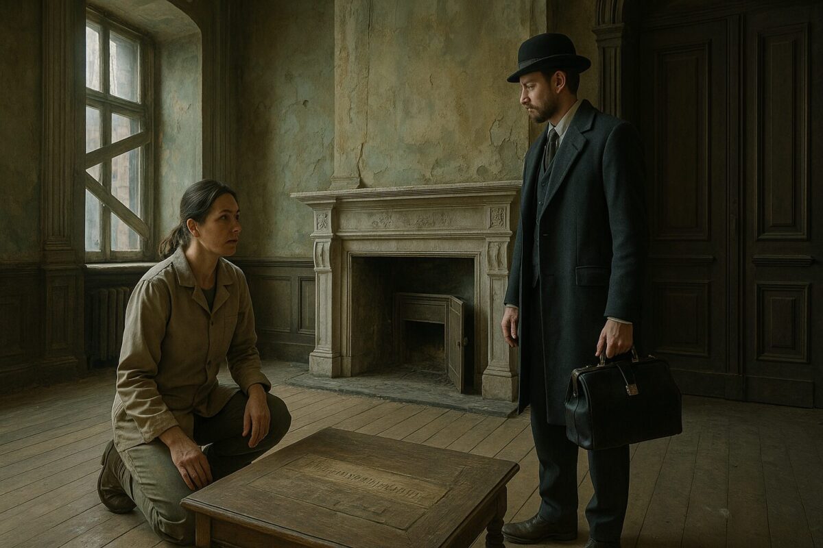 Женщина-реставратор у камина в заброшенном купеческом особняке XIX века с тайником и старинными письмами