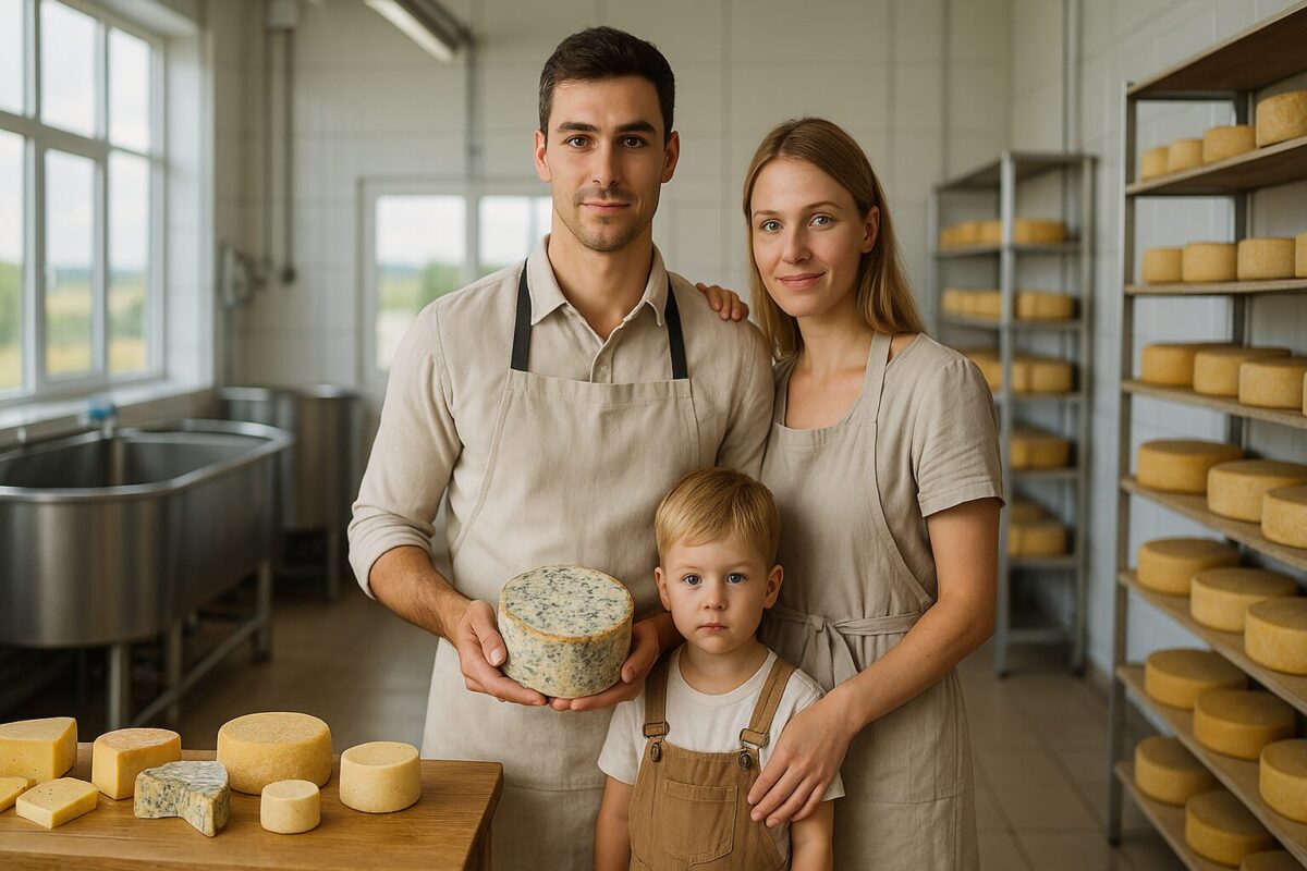 Молодая пара с ребёнком в современной сыроварне держит в руках круг домашнего камамбера на фоне производственного цеха