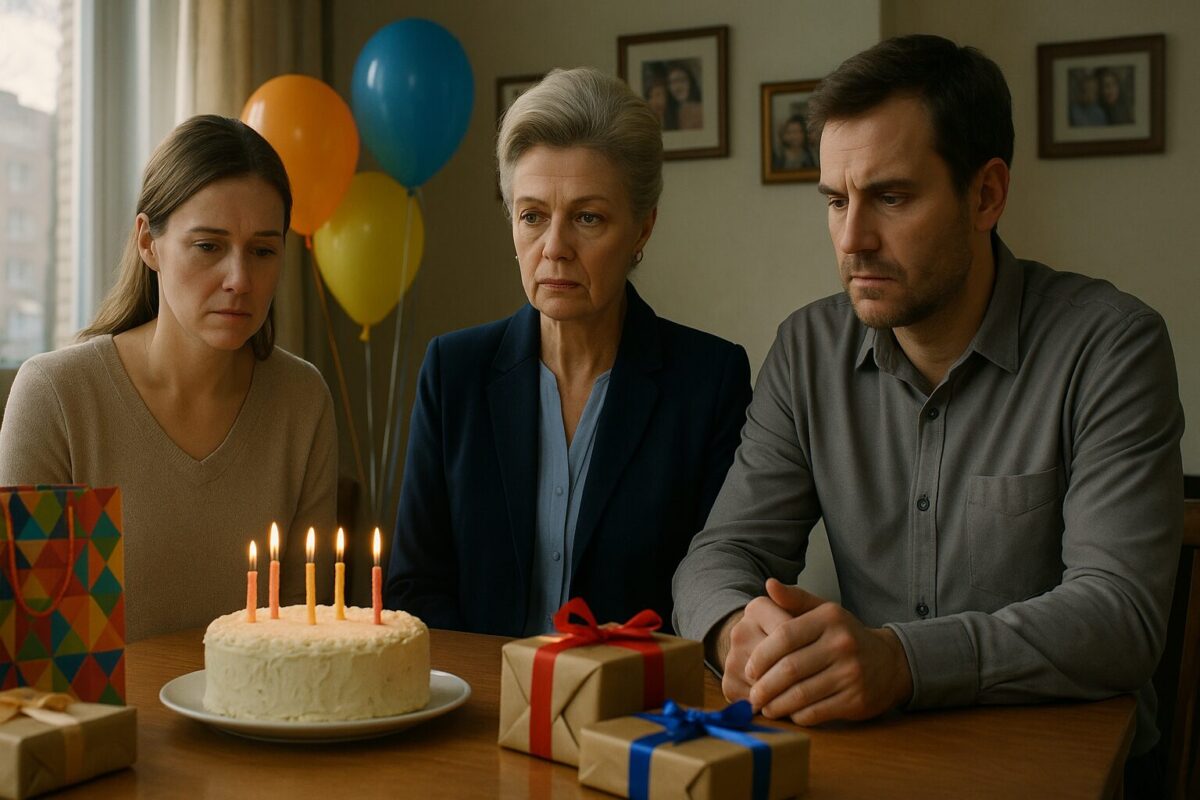 Напряжённая встреча невестки и свекрови на семейном празднике. Женщины сдержанно улыбаются на фоне детского торжества