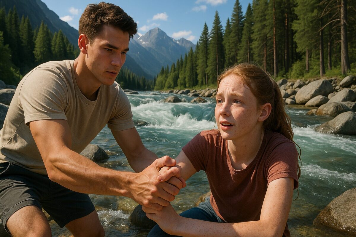 Молодой человек вытаскивает девочку из бурной горной реки на берег, усеянный большими камнями