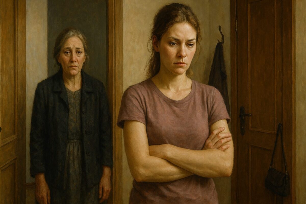 Невестка стоит, скрестив руки на груди, на заднем плане грустная свекровь в коридоре квартиры