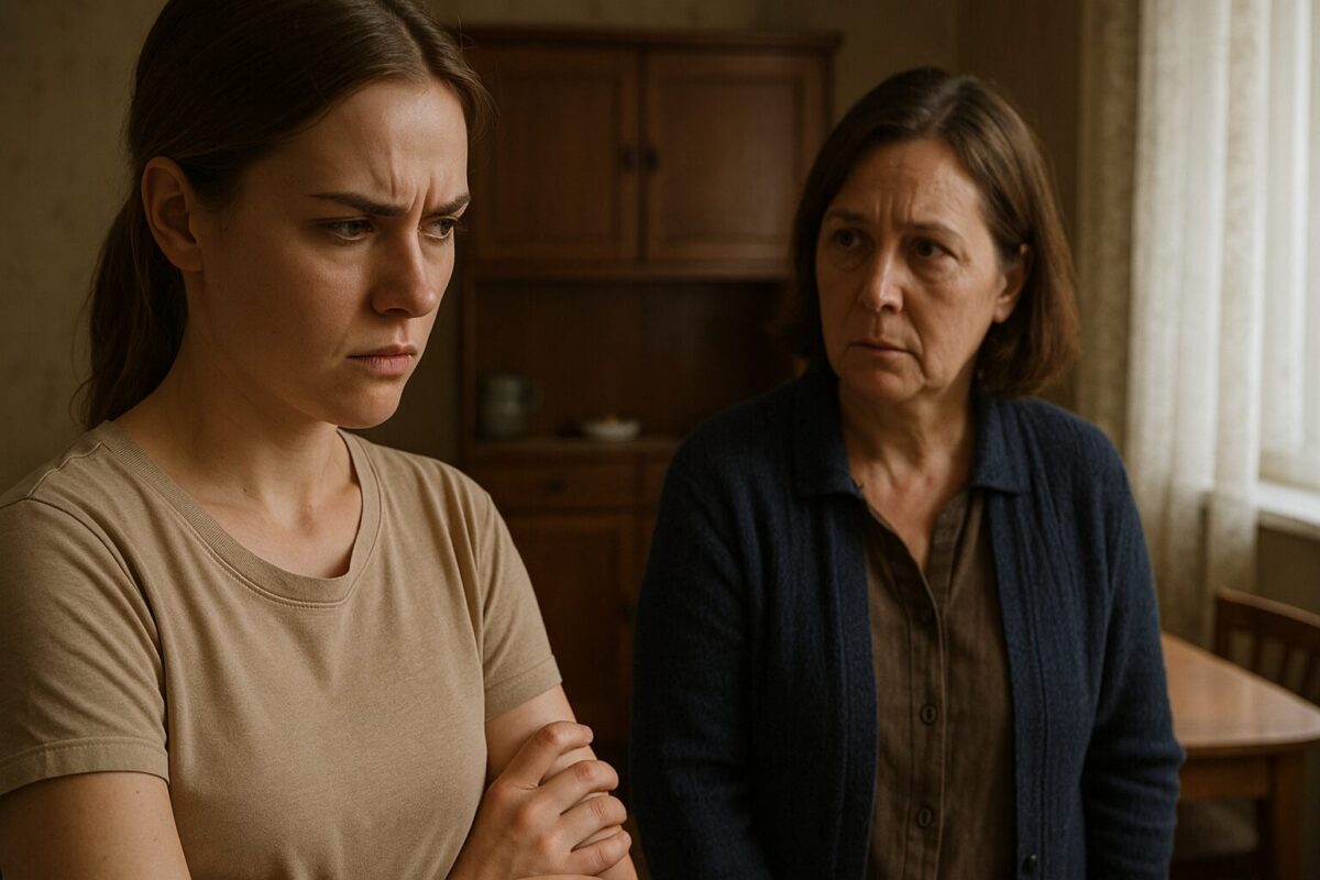 Конфликт между матерью и взрослой дочерью в квартире, напряжённый разговор о деньгах и самостоятельности