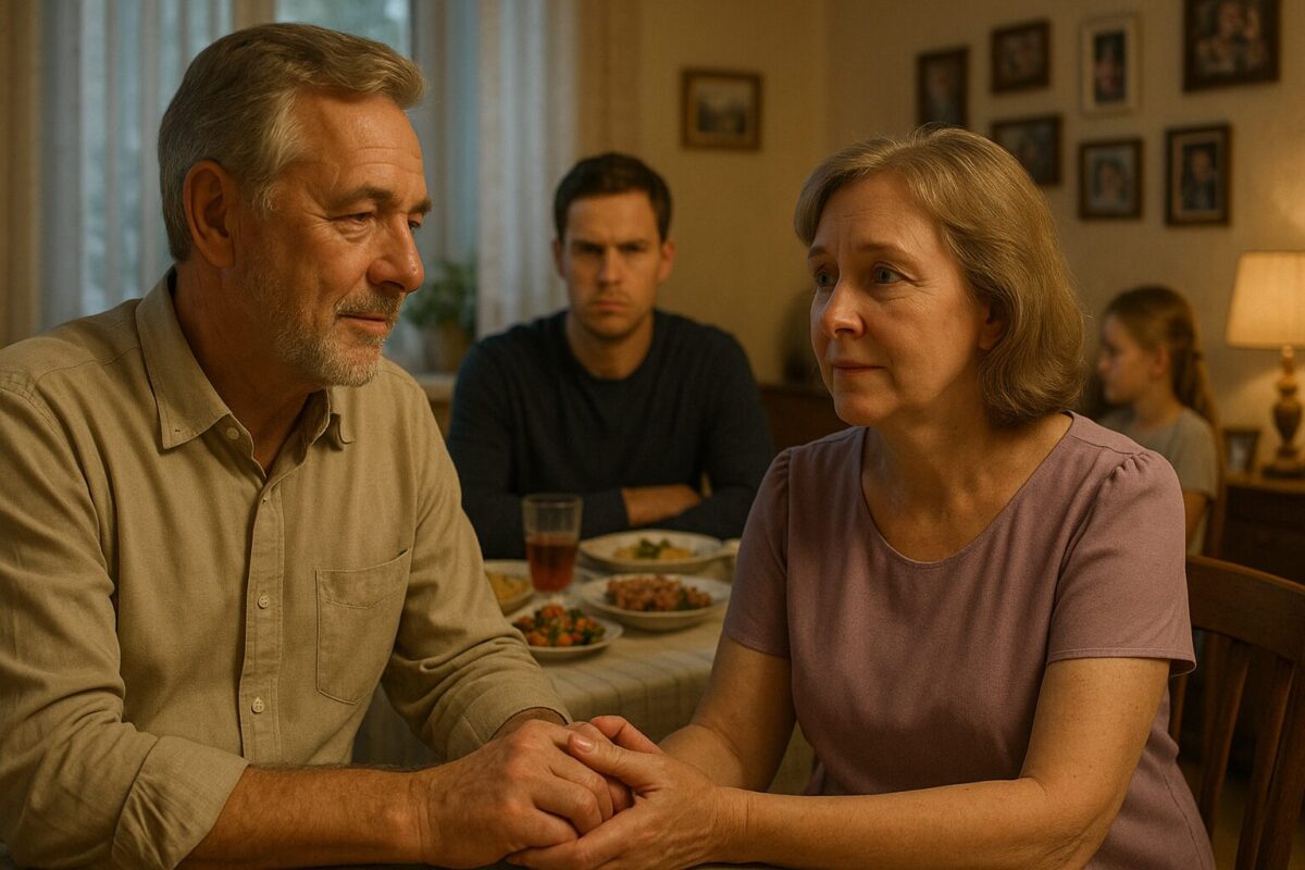 Пожилые мужчина и женщина за семейным столом, взрослый сын с семьёй, уютная квартира, атмосфера примирения