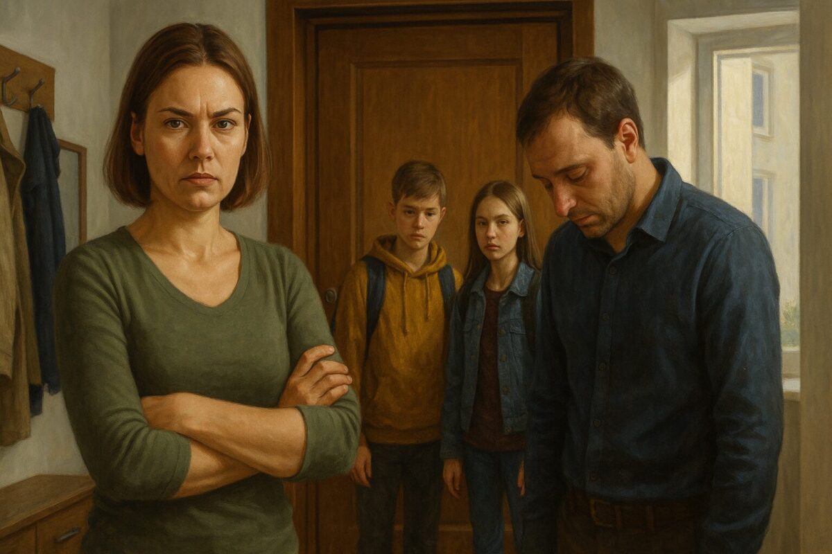 Женщина стоит в дверях квартиры, скрестив руки на груди, рядом с ней виноватый муж и двое подростков с рюкзаками