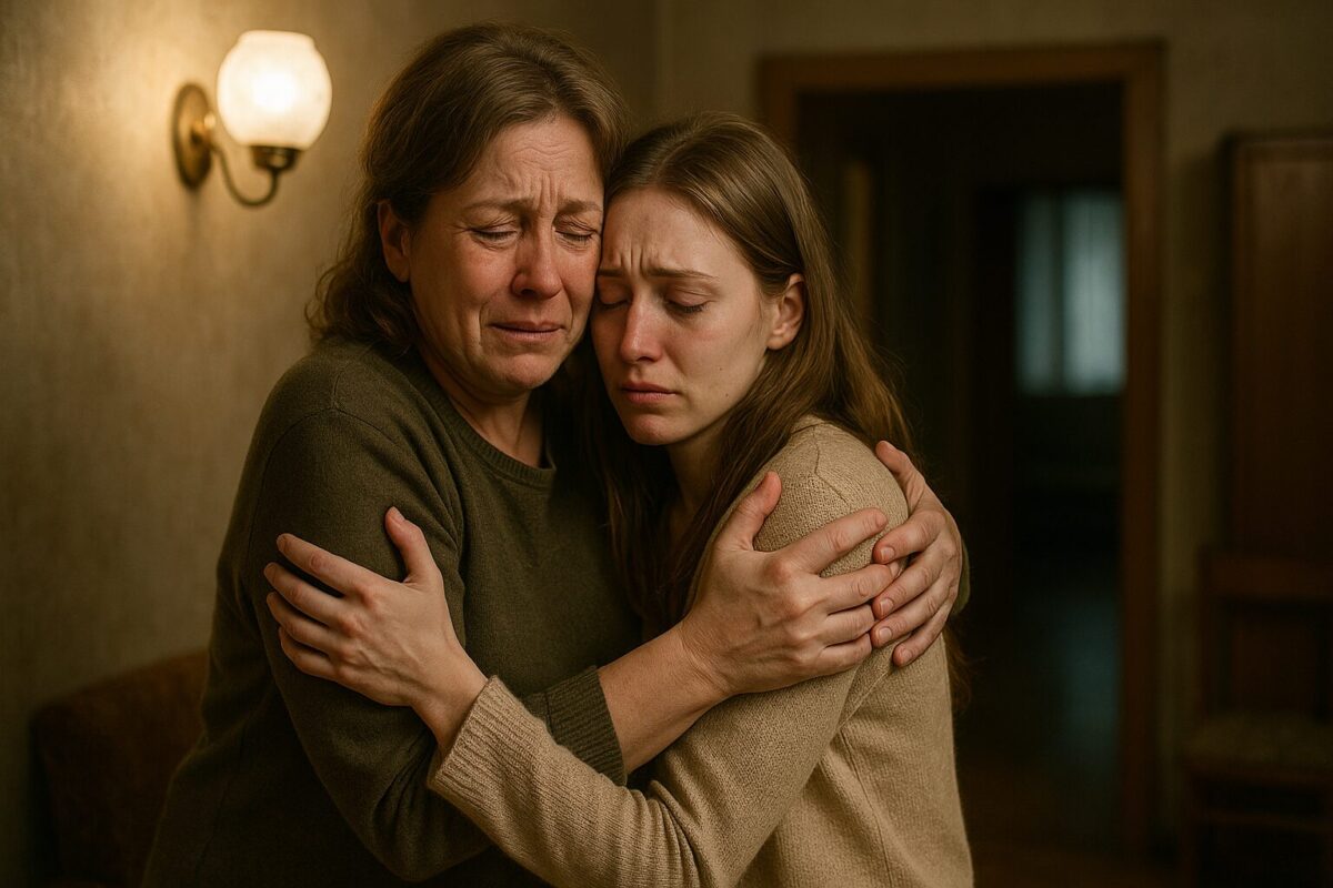 Мать обнимает вернувшуюся дочь в скромной квартире. Эмоциональная встреча после пятилетней разлуки, слёзы и облегчение.