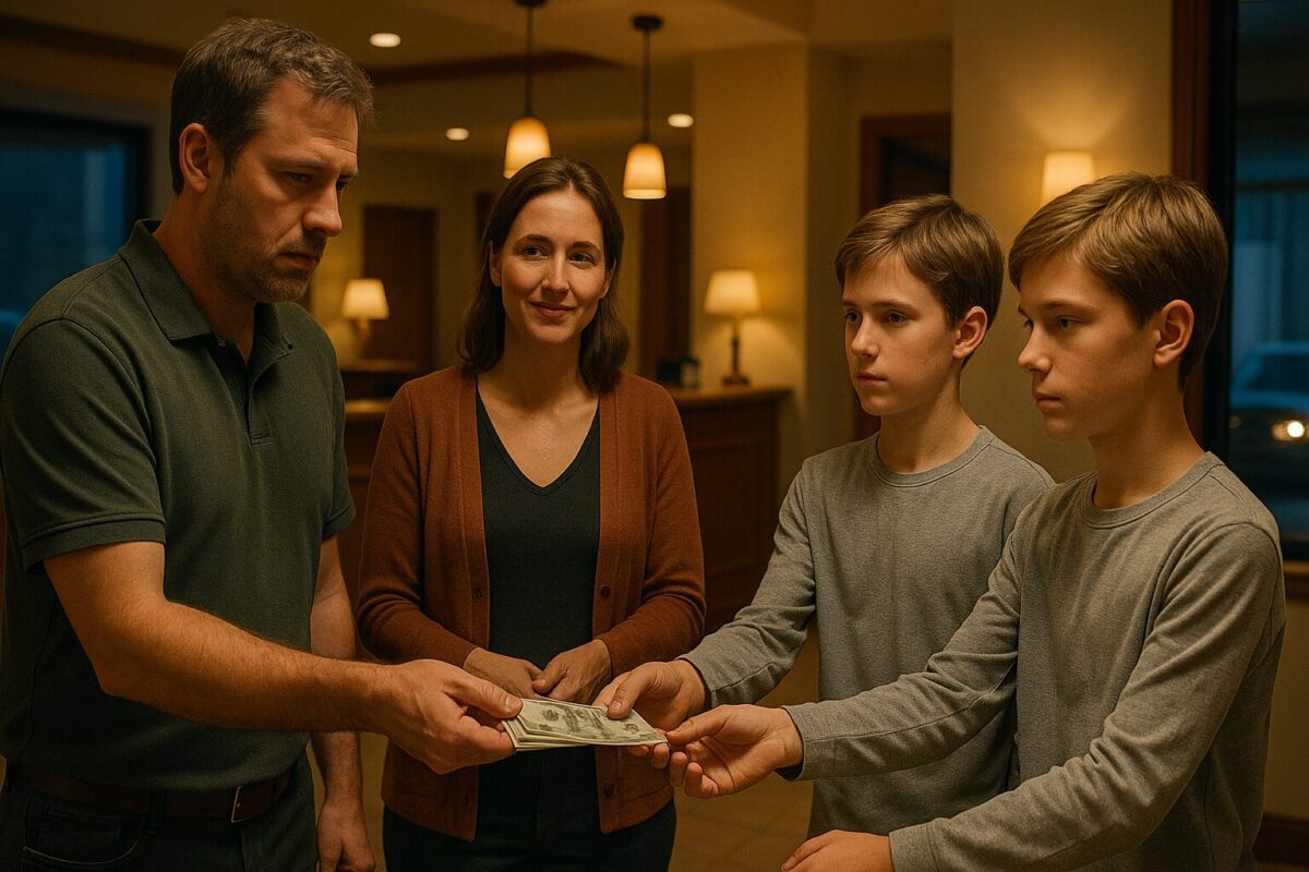 Подростки-близнецы вечером отдают родителям накопленные деньги в придорожной гостинице