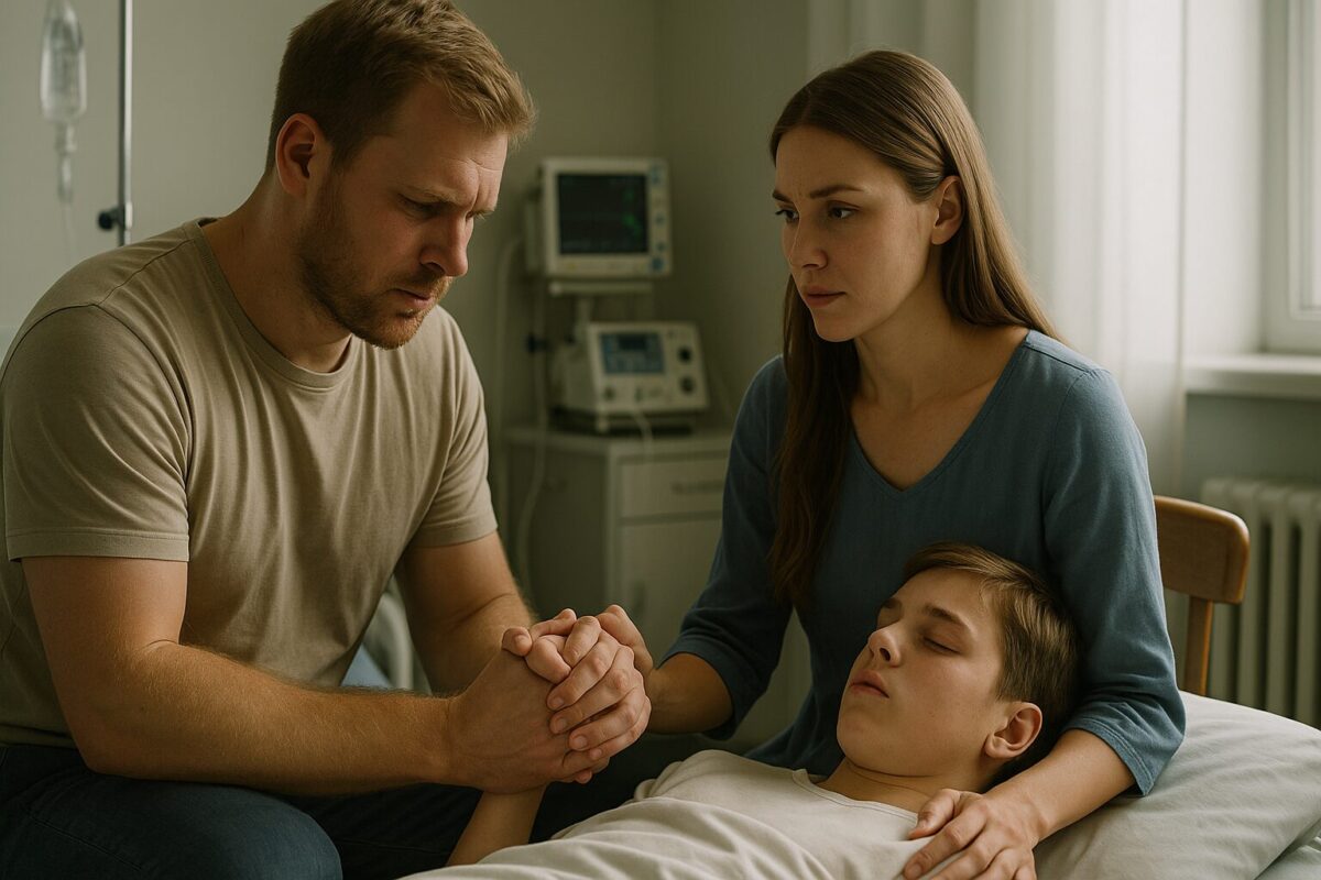 Мужчина и женщина у больничной койки сына, семейная драма о тайне отцовства, момент прощения и примирения
