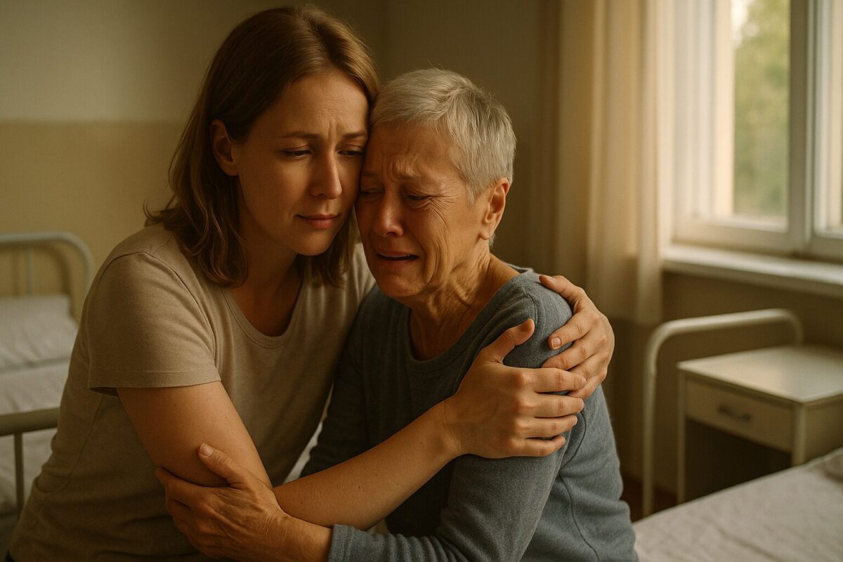 Взрослая дочь держит за руки пожилую мать в комнате дома престарелых. Момент примирения и прощения после долгих лет разлуки