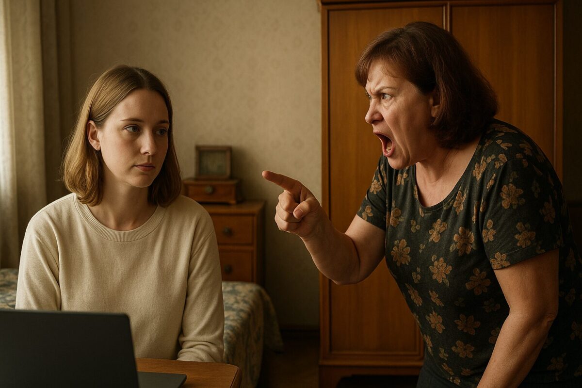 Молодая женщина с телефоном в руках стоит в квартире, пожилая родственница указывает на неё пальцем