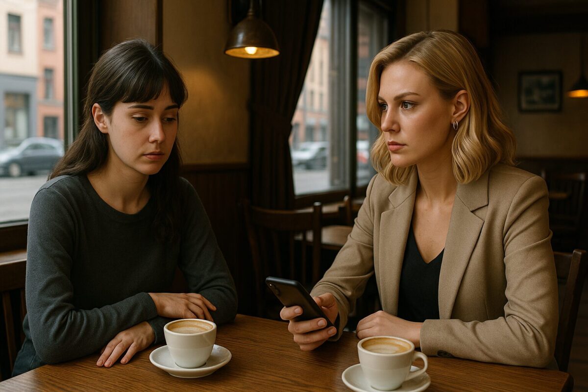 Две женщины за столиком в кафе, одна со смартфоном, напряжённый разговор, конфликтная атмосфера, интерьер российского кафе