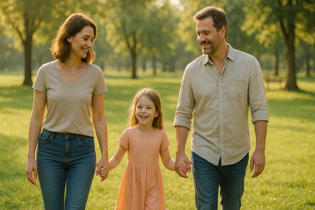 Семья в парке: женщина, мужчина и маленькая девочка держатся за руки, вокруг — весенняя зелень