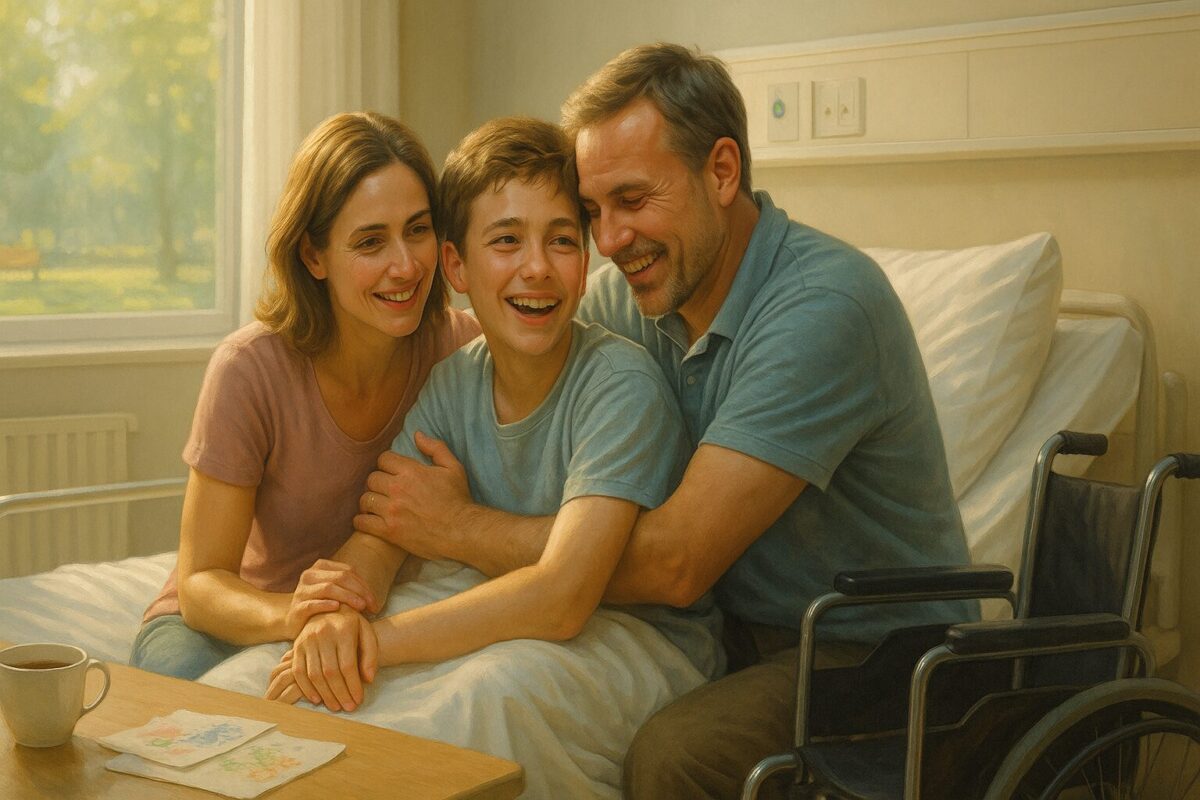 Мать, сын в инвалидном кресле и врач в больничной палате; все улыбаются, в воздухе — ощущение надежды и облегчения