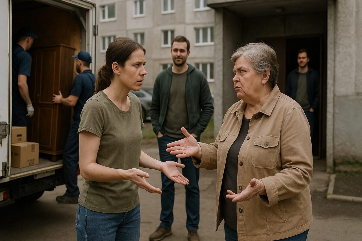 Молодая женщина спорит с матерью у подъезда, грузчики заносят в квартиру старый шкаф и коробки с плиткой