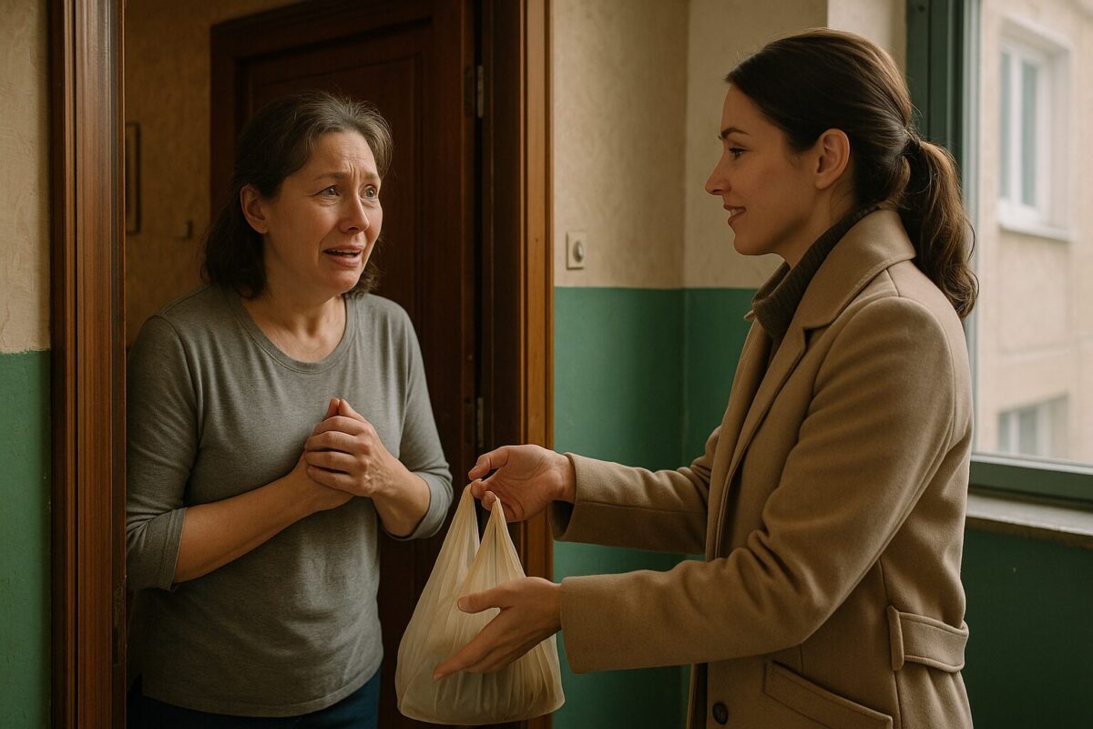 Молодая женщина передаёт хозяйке квартиры пакет с деньгами в знак благодарности за спасение много лет назад