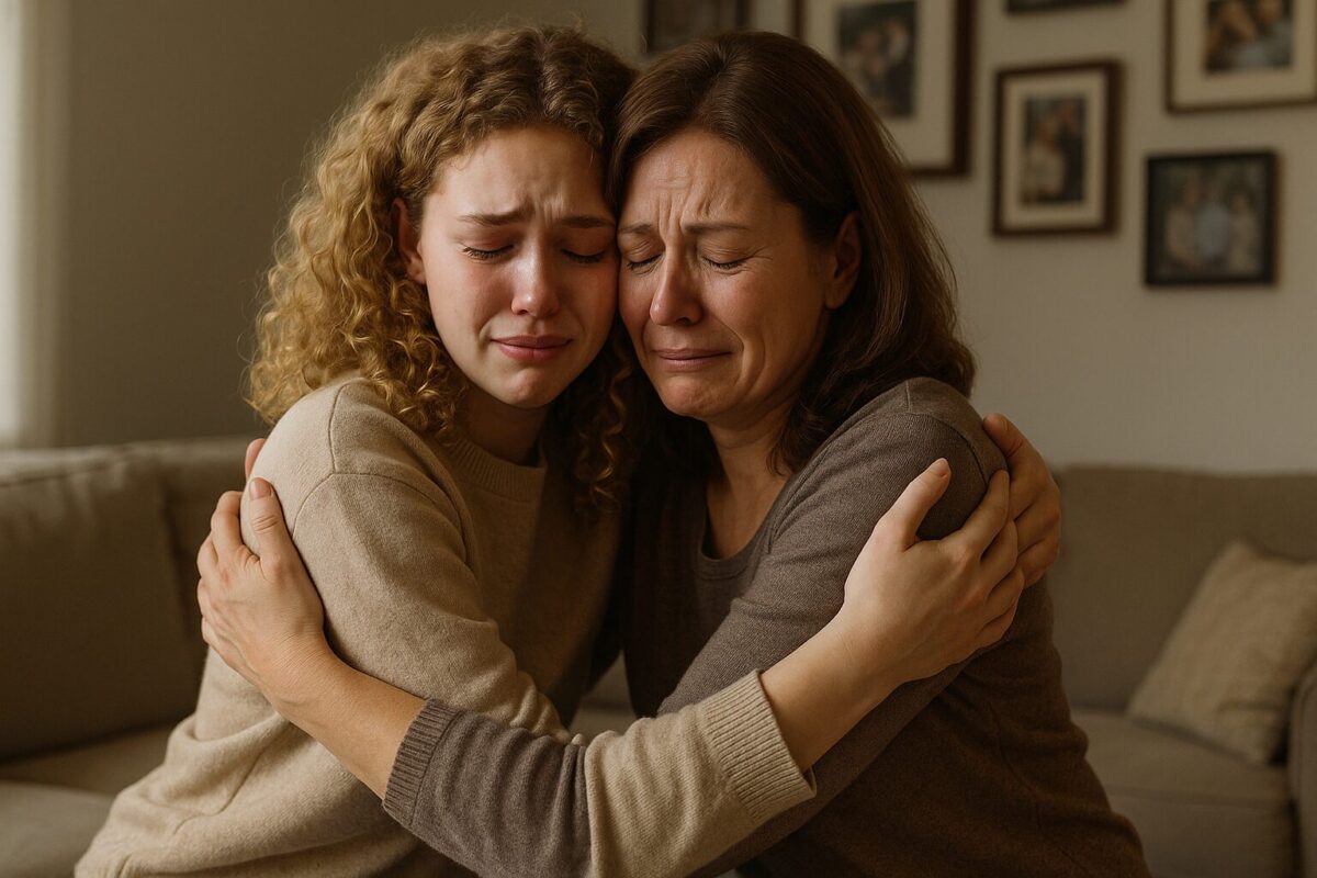 Мать и дочь со слезами на глазах обнимаются в домашней гостиной после того, как раскрылась семейная тайна