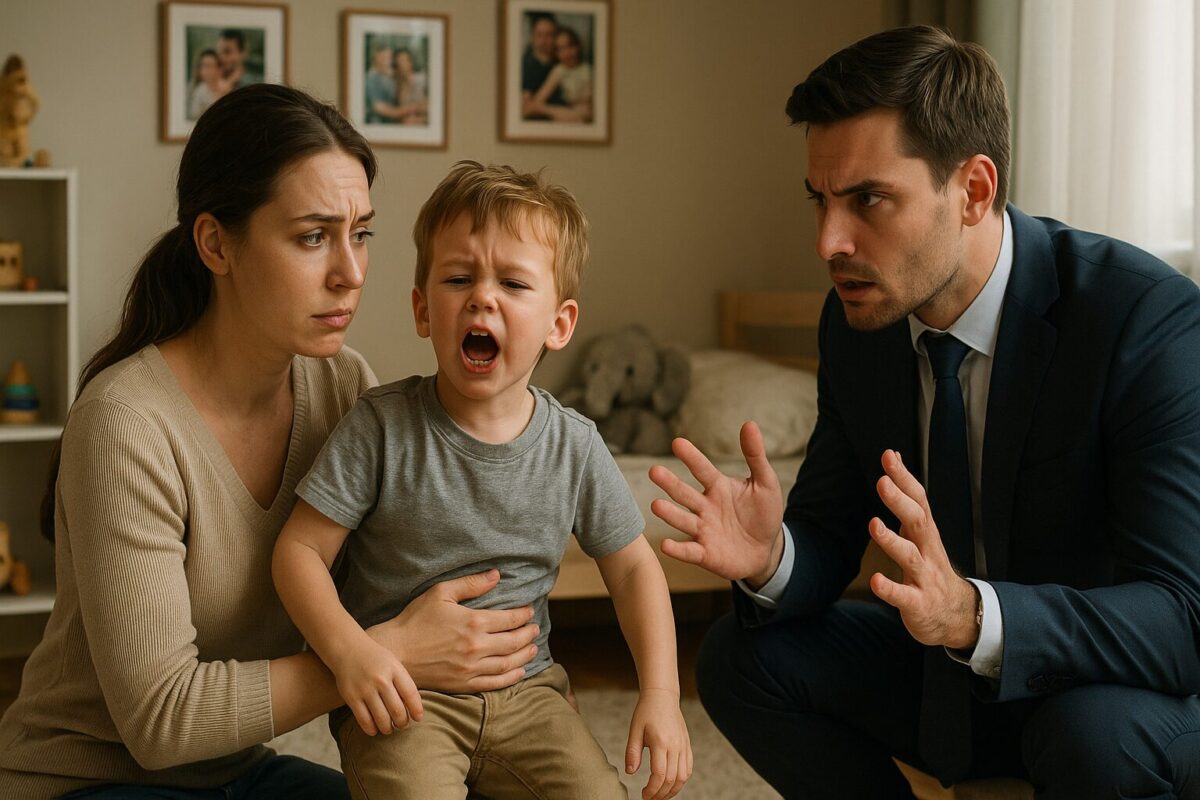 Счастливая семья в уютной квартире: мама обнимает сына, папа улыбается в стороне