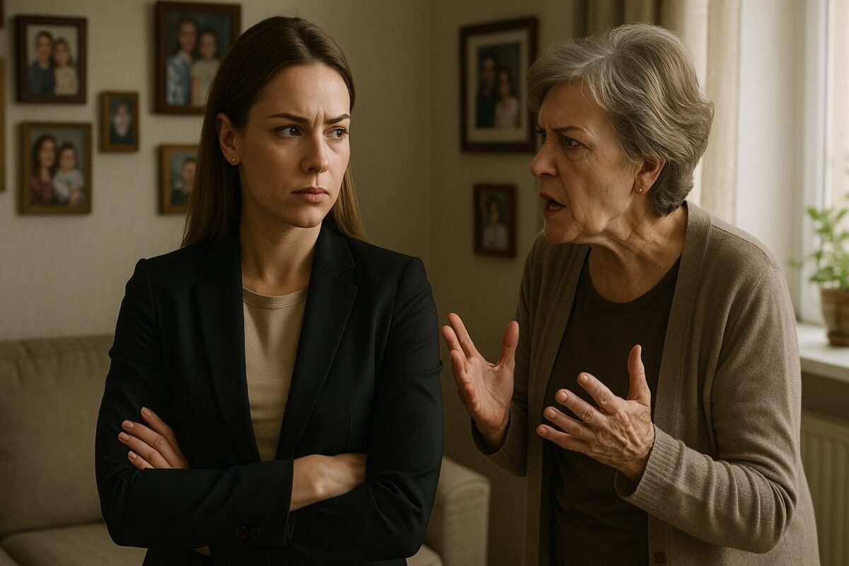 Успешная женщина уверенно смотрит на навязчивую тётю, защищая свои личные границы