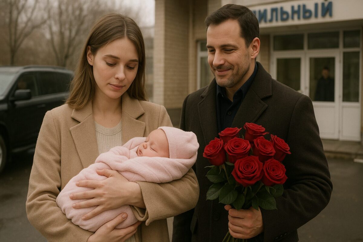 Молодая мать с новорождённой дочерью на руках у входа в роддом, рядом мужчина с цветами