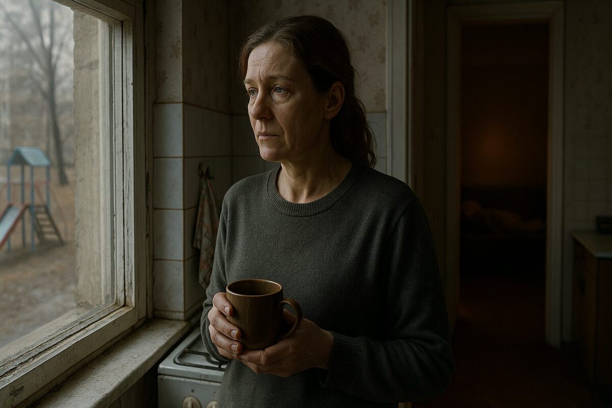 Уставшая женщина у окна панельной квартиры смотрит на детскую площадку, держа в руках кружку с чаем