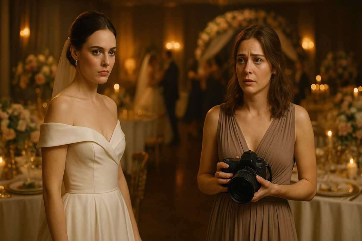 Невеста в белом платье упрекает уставшую подругу-фотографа в банкетном зале на свадьбе