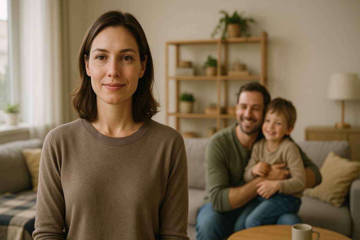 Счастливая женщина с семьей в уютной квартире, символизирующая новое начало жизни