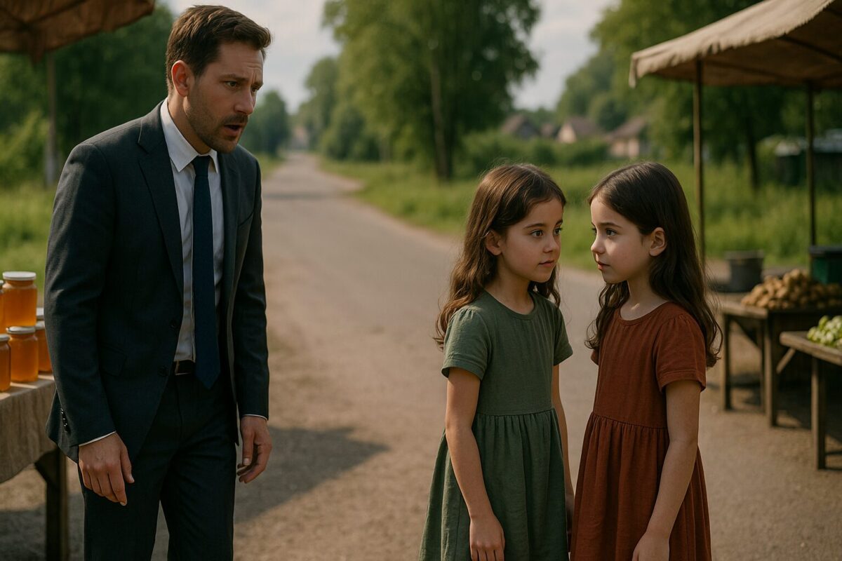 Отец в изумлении смотрит на двух одинаковых девочек у придорожного рынка с банками мёда