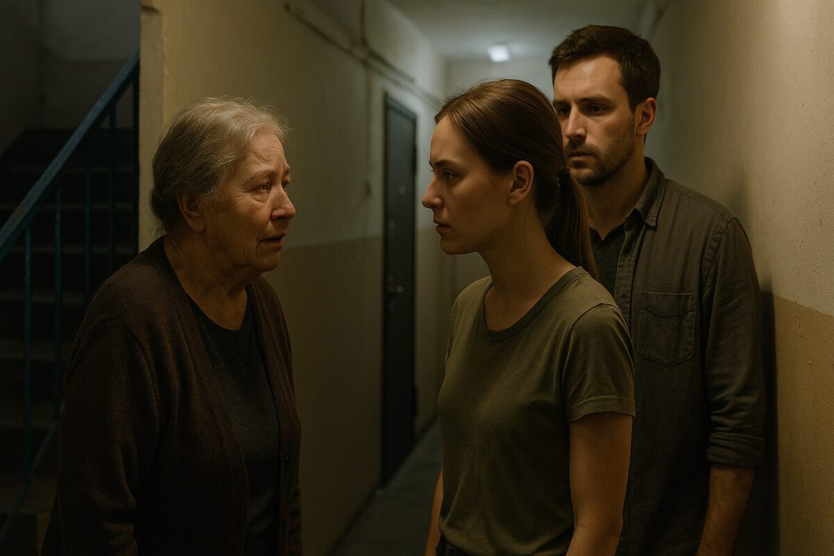 Пожилая женщина со слезами на глазах стоит у двери квартиры, молодая невестка смотрит на неё с порога