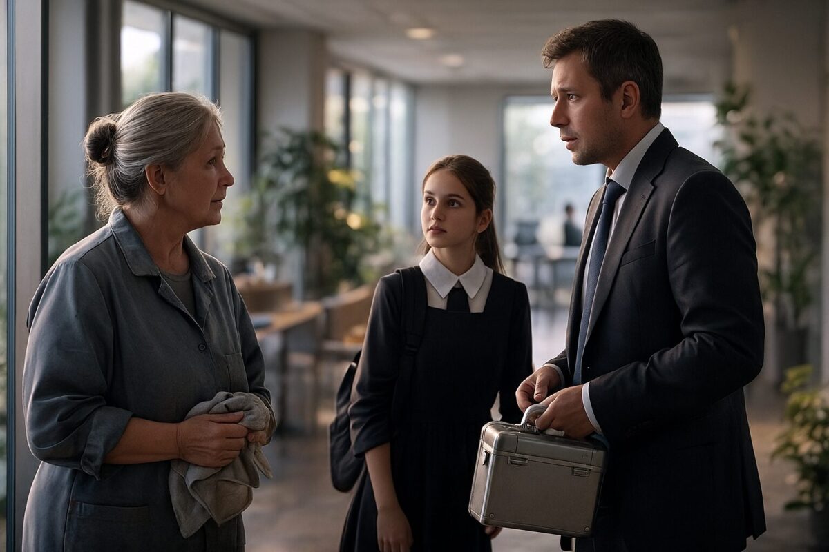 Пожилая уборщица и мужчина в костюме смотрят друг на друга в офисе, он держит в руках металлический чемоданчик