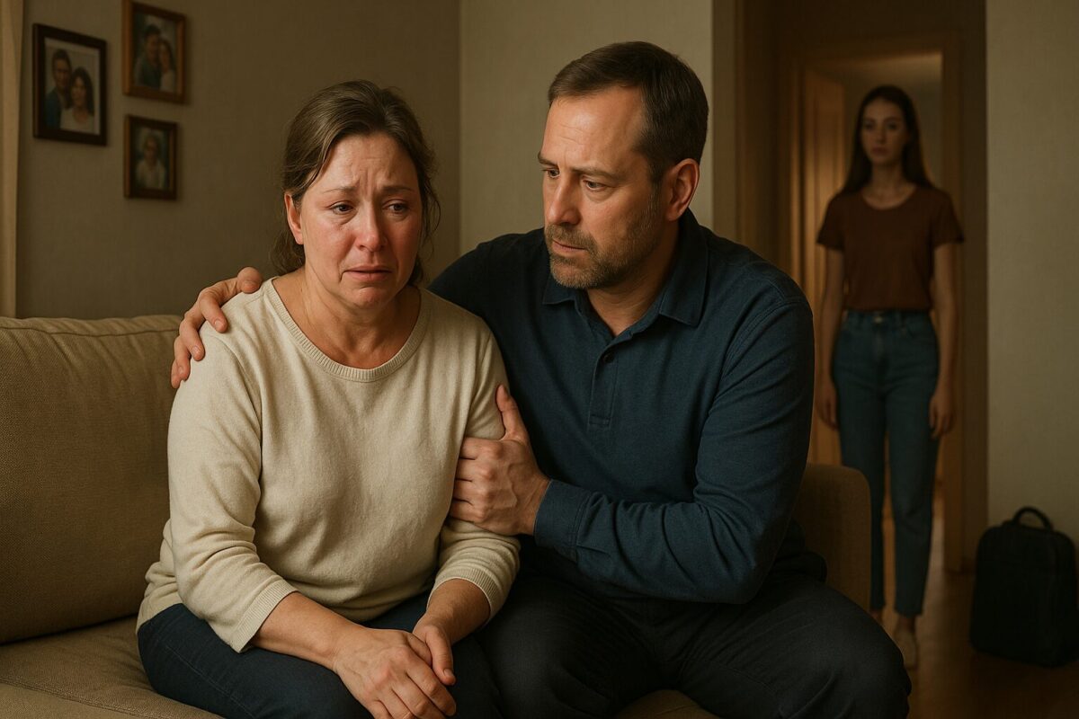 Женщина средних лет плачет на диване, муж обнимает её за плечи, вдалеке захлопнулась дверь после ухода дочери