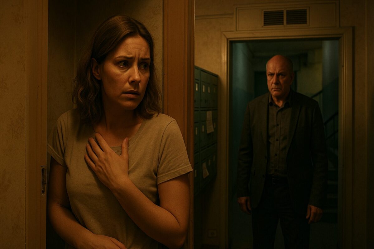 Женщина прижалась к стене в тёмной квартире и смотрит на маленькую дырочку в обоях, из которой льётся свет