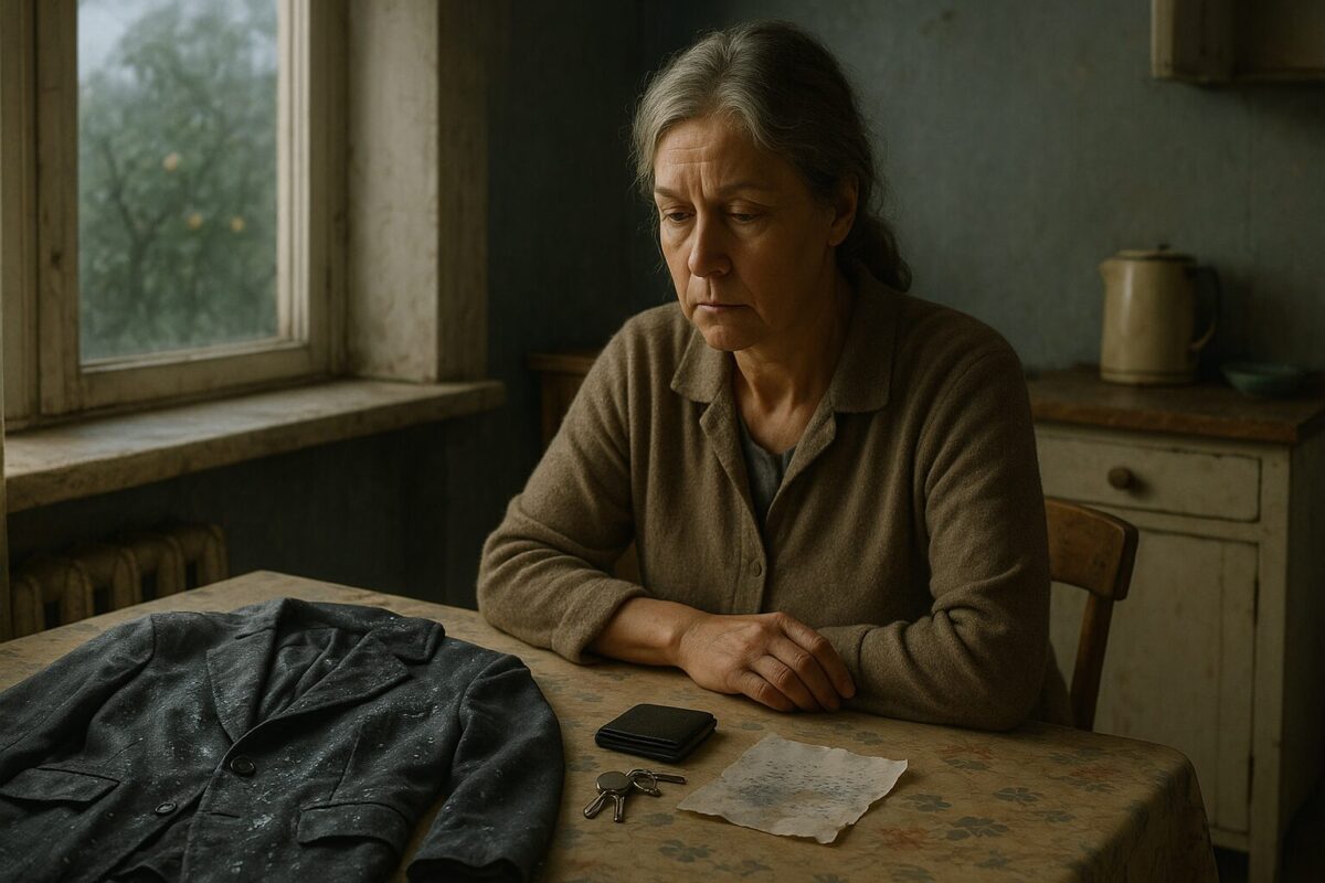 Пожилая женщина за кухонным столом держит мокрую записку, рядом лежат вещи утонувшего мужа, в окно льётся серый свет